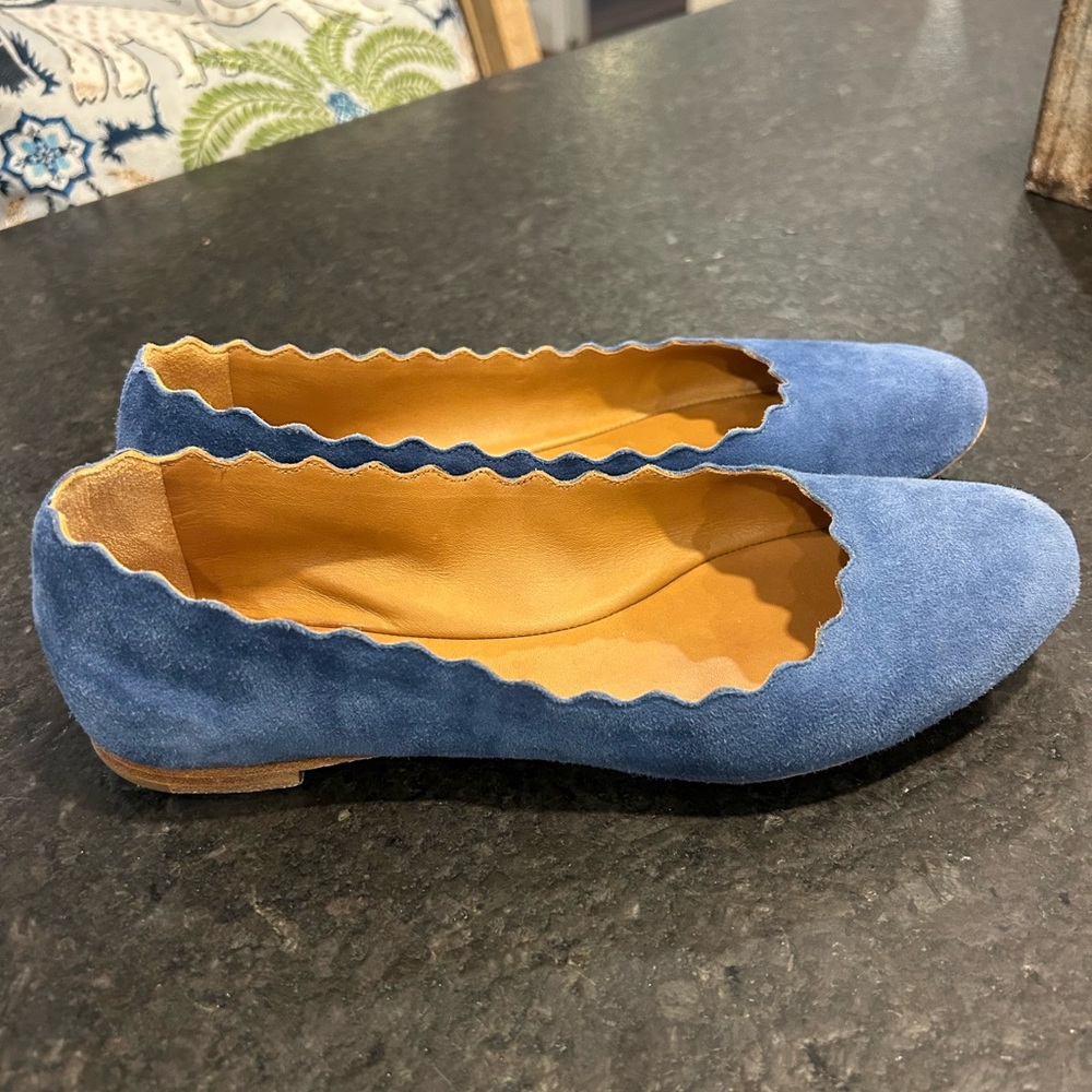 Chloe Lauren Blue Leather Suede Scalloped Women's Ballerina Flats Sz 36 US 6